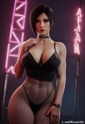 1girls 3d abs ada_wong ai_generated bare_shoulders bracelet choker cleavage clothed female fishnets goth high_waisted_thong large_breasts leotard light-skinned_female light_skin lips minomixai navel neon_lights panties resident_evil short_hair tank_top thick_thighs