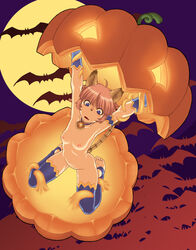 animal_ears anthro arms_up bat bell breasts cat catgirl color feline female final_fantasy gochou_(kedama) halloween human imminent_rape jack-o'-lantern kneeling mammal mithra monster nipples pumpkin restrained small_breasts tentacles