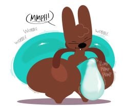 anthro aqua_shorts black_nose breathotter brown_fur brown_tail bulge bulge_through_clothing bunny chocolate_bunny cocoa_the_bunny cum_in_clothes excessive_cum hands-free handsfree_ejaculation huge_ass huge_butt hyper_ass hyper_butt hyper_cum hyper_thighs oc orgasm_without_stimulation original_character rabbit