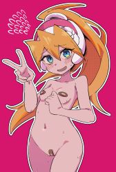 bandaid bandaid_on_pussy bandaids_on_nipples blonde_hair blue_eyes blush buzzlyears ciel_(mega_man) mega_man mega_man_zero peace_sign