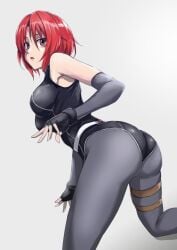 :o ass bodysuit breasts commentary_request dino_crisis elbow_gloves female fingerless_gloves fujikawa_daichi gloves grey_gloves hair_between_eyes hand_up kneeling large_breasts leotard looking_at_viewer looking_back open_mouth parted_lips red_eyes red_hair regina_(dino_crisis) short_hair simple_background skin_tight solo white_background