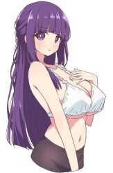 1girls belly_button big_breasts blush bra breasts fern_(sousou_no_frieren) frieren_beyond_journey's_end huge_breasts long_hair melty_pot midriff pants purple_eyes purple_hair sousou_no_frieren sweatdrop underwear white_background white_bra