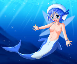 1girls blue_hair blue_tail blush breasts fang female female_only fukami highres jpeg mermaid monster_girl open_mouth pussy solo underwater wings