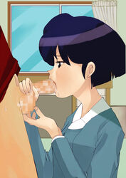 akane_tendo blue_hair censored fellatio female hair highres human male oral ranma-kun ranma_1/2 ranma_saotome school_uniform shigure_(artist) short_hair straight window