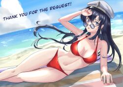 1girls alternate_costume ayra_(fire_emblem) beach beach_towel bikini black_hair breasts cleavage commission earrings female female female_only fire_emblem fire_emblem:_genealogy_of_the_holy_war glasses grey_eyes groin hand_on_own_head hat jewelry large_breasts long_hair lying navel nintendo ocean on_side open_mouth red_bikini red_nails red_swimsuit skeb_commission swimsuit tarutaru193 thank_you towel