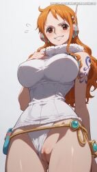 1girls ai_generated bare_arms bare_legs bare_shoulders bare_thighs bewaretheaimachinegod big_breasts blush clothed clothing color female female_focus female_only headphones hi_res large_breasts light-skinned_female light_skin long_hair looking_at_viewer nami nami_(one_piece) one_piece one_piece:_egghead_arc orange_eyes orange_hair post-timeskip pussy shounen_jump solo solo_female tagme tattoo thick_thighs