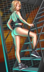 ass blonde_hair booty_shorts brown_eyes converse crop_top gym_clothes legs peka_35 photoshoot pose posing short_hair short_shorts shorts stairs stairway stef_(peka_35) tank_top thighs