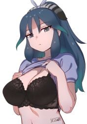 1girls aqua_hair bangs black_bra black_clothes black_hair black_underwear blue_eyes blue_hair blue_shirt bra breasts cleavage closed_mouth clothes_lift clothing female female_only flashing frown gradient_hair green_hair grey_eyes grey_hair hair_between_eyes hairband high_resolution kako_(kemono_friends) kemono_friends kemono_friends_3 large_breasts lifted_by_self long_hair looking_at_viewer masuyama_ryou multicolored_hair navel ribbon shirt shirt_lift short_sleeves sidelocks simple_background solo stomach third-party_edit two-tone_hair underwear upper_body white_background