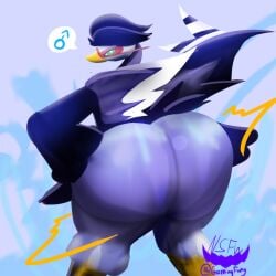 2024 anthro big_ass bird digital_drawing_(artwork) fat_ass feathered_tail feathered_wings feathers femboy gamingh0rny ganderveil looking_at_viewer loomian loomian_legacy male roblox roblox_game swan thick_ass thick_femboy thick_thighs water_background watermark