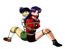 2girls arms_behind_back bondage bound bound_ankles bound_arms bound_legs bound_together cloth_gag clothing crossover dress female_only femsub gag gagged higurashi_kagome inuyasha kagome_higurashi lostonezero misato_katsuragi multiple_girls multiple_subs neon_genesis_evangelion rope schoolgirl skirt tape tape_gag taped_mouth tied_up