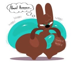 aqua_shorts black_nose breathotter brown_fur brown_tail bulge bulge_through_clothing bunny chocolate_bunny cocoa_the_bunny focus huge_ass huge_butt hyper_ass hyper_butt hyper_thighs oc original_character pouting rabbit shaking_butt thought_bubble throbbing_penis