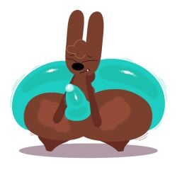 aqua_shorts black_nose breathotter brown_fur brown_tail bulge bulge_through_clothing bunny chocolate_bunny cocoa_the_bunny cum cum_in_clothes hands-free handsfree_ejaculation huge_ass huge_butt hyper_ass hyper_butt hyper_thighs legs_together oc orgasm_without_stimulation original_character rabbit throbbing_penis