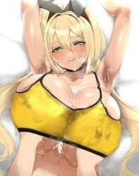 1boy 1girls absurdres after_paizuri aizawa_marimo animal_ears areola_slip armpit_pose armpits arms_up blonde_hair breasts collar covered_nipples cum cum_on_body cum_on_breasts cum_string female female_focus fondling goddess_of_victory:_nikke grabbing grabbing_another's_breast green_eyes groping groping_through_clothes groping_under_clothes hair_ornament hairclip highres huge_breasts lactation lactation_through_clothes long_hair lying male nipple_tweak on_back on_bed paizuri rabbit_ears rupee_(nikke) sports_bra steaming_body stinky_armpits stray_pubic_hair sweatdrop sweaty_armpits sweaty_clothes wet_armpits yellow_sports_bra