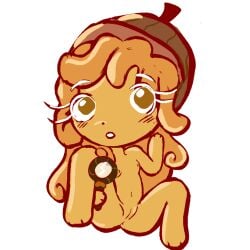 artist_request blush blushing_at_viewer brown_eyes brown_hair chibi cookie_run cookie_run_kingdom cookie_run_ovenbreak cookierun curly_hair detective fully_nude ibispaint ibispaintx naked nipples small_breasts solo spread_legs walnut_cookie young younger_female