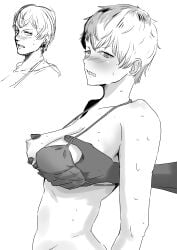 1boy blush bra bra_pull breast_grab breasts female girls_und_panzer grabbing_from_behind large_breasts monochrome naomi_(girls_und_panzer) nipples short_hair sketch straight sweat yotsumeya