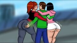 1boy 2girls ass ass_grab ben_10 ben_10_ultimate_alien ben_tennyson big_ass black_hair blush brown_hair cheating cheating_boyfriend cuck cuckquean fat_ass female fully_clothed grabbing grabbing_ass gwen_tennyson gwen_tennyson_(ultimate_alien) huge_ass human incest julie_yamamoto lowres male miniskirt multiple_girls orange_hair panties penetration ponytail red_hair stealth_ass_grab thick_thighs