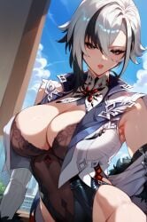 1girls 2d ai_generated arlecchino_(genshin_impact) big_breasts black_leotard cleavage day genshin_impact leotard short_hair solo solo_female streaked_hair tagme vest white_hair white_vest