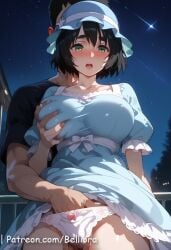 1boy 1girls accurate_art_style ai_generated belliora big_breast black_hair blush breasts female fingering_female_pussy hand_on_pussy happy_sex large_breasts legs_apart looking_at_down male missionary_position navel on_back one-leg_up pixiv pov pov_eye_contact self_upload sex shiina_mayuri standing steins;gate uncensored_version_at_source