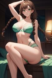 ai_generated big_breasts bra braided_ponytail braids breasts brown_hair green_bra green_clothes green_eyes green_panties green_thong green_underwear huge_breasts jamie_(othersd) light-skinned_female light_skin long_hair navel oc original original_character othersd pattern_clothing pointy_chin sitting slim_legs slim_waist thick_thighs thighs thong