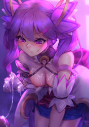 aisha_(elsword) bare_shoulders bent_over berg blurry blurry_background blush breasts bukkake closed_mouth cum cum_on_body cum_on_breasts cum_on_upper_body cum_string dark-skinned_female dark_skin depth_of_field detached_sleeves dimension_witch_(elsword) elsword female halterneck highres long_hair looking_down medium_breasts nipples penis purple_eyes purple_hair smile solo twintails