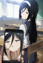 1girls :>= ai_generated black_hair blackmail blowjob blowjob_face brown_penis bullying censored classroom erection expressionless eyes_rolling_back hairband holding_phone human humiliation humiliation_fetish hyouka irisu_fuyumi juxtaposition long_hair looking_at_viewer looking_back mosaic_censoring nude nude_female pale-skinned_female pale_skin penis phone phone_screen photo_comparison pubic_hair purple_eyes rolling_eyes school_uniform sitting skirt teenager young