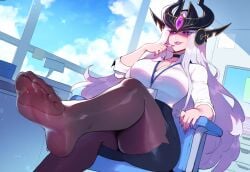 1girls ai_generated anemoi breasts feet feet_fetish female id_card league_of_legends office_lady pantyhose riot_games sitting sitting_on_chair skirt sole solo sweaty_feet syndra watermark white_hair