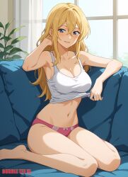 1female 1girls ai_generated big_breasts blonde_hair cleavage commentary_request english_commentary female female_only hi_res highres light-skinned_female light_skin looking_at_viewer midriff mixed-language_commentary miyazono_kaori panties shigatsu_wa_kimi_no_uso solo solo_female thighs very_high_resolution window