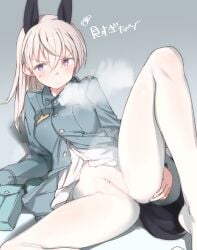 animal_ears bar_censor blonde_hair blush censored closed_mouth covered_clitoris covered_pussy eila_ilmatar_juutilainen female fox_ears fox_girl fox_tail frown highres long_hair long_sleeves military military_uniform no_panties no_pants pantyhose purple_eyes shimada_fumikane sitting solo spread_legs strike_witches tail uniform white_pantyhose world_witches_series