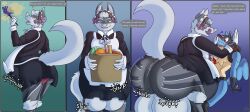 anthro arcanine ass balls big_balls big_butt bow_(bowhuskers) clothing cock_vore dialogue digestion_noises duo english_text fluffy fluffy_tail fur generation_1_pokemon generation_4_pokemon genitals gradient_background green_eyes grey_body grey_fur grocery_bag hi_res lucario maid_uniform male nintendo penile penis pokemon pokemon_(species) sequence servo117 simple_background tail text uniform vore