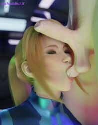 3d leaking_precum metroid nintendo peace_sign samus_aran sarah_bryant shaddoll_x sucking_testicles white_penis zero_suit_samus