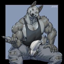 abs amon-sydonai anthro balls balls_under_clothes biceps big_bulge bulge bulge_through_clothing canid canine canis claws clothing creepypasta domestic_dog erection erection_under_clothes fur furry humanoid_genitalia humanoid_penis male male_nipples male_only mammal muscular_anthro muscular_male nipples pecs penis penis_outline penis_under_clothes precum precum_drip precum_through_underwear smile.dog underwear werecanid werecanine wolf