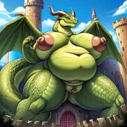 1girls ai_generated anthro bbw castle chubby chubby_anthro chubby_female dragon green_scales horns macro massive_breasts nipples perchance_ai puffy_nipples pussy ready_for_battle ready_to_fight scalie wings
