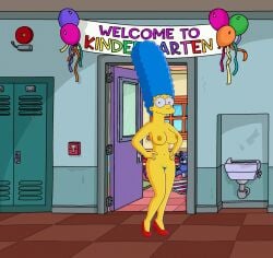 1girls 20th_century_fox 20th_century_studios beehive_hairdo blue_hair hallway hands_on_hips heels_only large_breasts long_legs looking_at_viewer marge_simpson matt_groening_(style) nude nude_female pubic_hair public public_nudity the_simpsons yellow_body