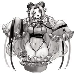 1girls animal_ears big_breasts blush bottomless limbus_company long_hair looking_at_viewer monochrome njaja_kanja open_mouth partially_clothed presenting project_moon pussy rodion_(limbus_company) smile solo standing thick_thighs