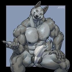 abs amon-sydonai anthro balls balls_under_clothes biceps big_bulge bulge bulge_through_clothing canid canine canis claws creepypasta domestic_dog erection erection_under_clothes fur furry humanoid_genitalia humanoid_penis jockstrap male male_nipples male_only mammal muscular_anthro muscular_male nipples pecs penis penis_outline penis_under_clothes precum precum_drip precum_through_underwear smile.dog underwear werecanid werecanine wolf