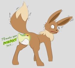 ambiguous_gender body_part_transformation butt_transformation conjoined dialogue eevee english_text feral feral_only generation_1_pokemon generation_5_pokemon merging nintendo pokemon pokemon_(species) posexe scared smile smirk smug snivy text transformation udtf what wide_eyed