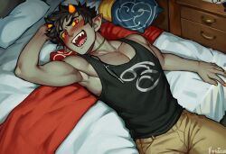 abs ai_generated armpit_hair balls bara biceps big_balls big_penis black_hair gay grey_body grey_skin homestuck horns ilovementits karkat_vantas male male_only muscular pecs penis pubic_hair red_eyes sharp_teeth thighs troll yaoi yellow_sclera