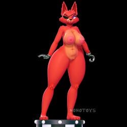 3d_(artwork) angry anthro black_background breasts checkered checkered_floor clitor digital_media_(artwork) eye_patch eyewear fangs female five_nights_at_freddy's foxy_(fnaf) genitals hi_res metal_hand nipples nonotoys pinup pose pussy red_body scottgames simple_background solo stage teeth