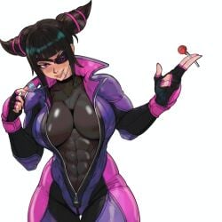 1girls abs big_breasts black_hair blush capcom clothed clothing color female female_focus female_only fit_female hi_res juri_han large_breasts light-skinned_female light_skin lollipop looking_at_viewer master_dcj muscles muscular muscular_female purple_eyes short_hair solo solo_female street_fighter tagme thick_thighs