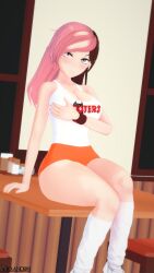 1girls arrancon cleavage clothed_female hand_on_breast hooters hooters_uniform neo_(rwby) rwby shorts sitting_on_table solo_female