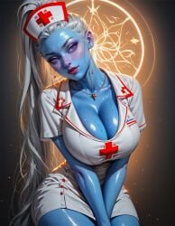 1girls ai_generated blue_body blue_skin boob_window breasts cleavage dragon_ball_super loraxxl_(artist) nurse_cap nurse_uniform purple_eyes vados white_hair