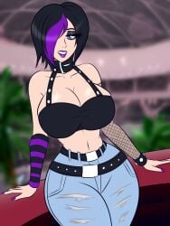 1girls big_breasts big_thighs black_hair choker clothed clothed_female clothing cyan_eyes glazinbuns goth goth_girl gothic hair_over_one_eye light-skinned_female oc only_female original original_character purple_highlights ripped_jeans stiches thick_thighs thighs two_tone_hair