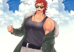 1boy 8dgc4mfc bangs big_breasts breasts brown_eyes clenched_hand cloud coat collarbone delinquent ear_piercing eyelashes frown gay hi_res huge_breasts long_hair looking_at_viewer male male_breasts male_only mature_male morning muscles muscular muscular_arms muscular_male no_visible_genitalia oppai original original_character parka pecs pierced_ears piercing pointy_ears red_hair scar scar_across_eye scar_on_face sharp_teeth sky standing sunglasses tanktop teeth thick_arms thick_neck tough_guy v-shaped_eyebrows veiny_arms yaoi yu_8dg