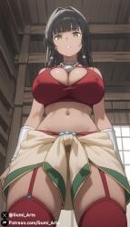 ai_generated alternate_breast_size black_hair cleavage clothes_around_waist dungeon_ni_deai_wo_motomeru_no_wa_machigatteiru_darou_ka from_below green_eyes gumi_arts huge_breasts looking_down navel necklace stable_diffusion tank_top thighhighs thighs tione_hiryute