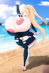 1girls alternate_breast_size alternate_version_at_source areolae ass barefoot big_areola blissful blonde_hair braided_hair breasts breasts_bigger_than_head busty censor_bar censored_pussy closed_eyes clothing_malfunction danganronpa danganronpa_2:_goodbye_despair feet female_focus full_body_swimsuit gigantic_breasts huge_breasts hyper_breasts iron-0xide island large_breasts long_hair motion oblivious ocean one-piece_swimsuit open_mouth outdoors overflowing_breasts ponytail ripped_bodysuit ripped_clothing ripped_swimsuit running sand sanka-tetsu smooth_skin solo solo_female sonia_nevermind swimsuit_malfunction thick_thighs thighs veins voluptuous voluptuous_female water waving