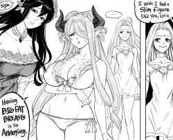 3girls absurd_res bb_(baalbuddy) big_breasts dialogue draph draph_race_(granblue_fantasy) english_text female female_only funny granblue_fantasy horns lyria_(granblue_fantasy) monochrome narmaya_(granblue_fantasy) pointy_ears speech_bubble white_background