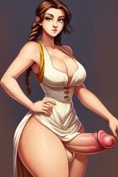 1futa 1futanari ai_generated anime balls big_breasts braided_ponytail braids breasts brown_hair clothed female freckles freckles_on_breasts freckles_on_face freckles_on_thighs futanari gold green_eyes hand_on_hip huge_breasts jamie_(othersd) light-skinned_female light_skin long_hair no_pubic_hair oc original original_character othersd pointy_chin slim_waist solo solo_female solo_futa testicles thick_thighs thighs veiny_penis white_dress white_robe
