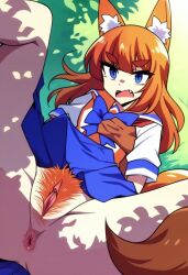 ai_generated anus cat_ears close-up fangs firefox fox_ears ginger ginger_hair pubic_hair pussy school_uniform skirt skirt_lift skirt_up spread_legs tail