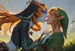 1boy 1girls ai_generated blonde_hair blush closed_eyes hood kissing link lying_on_ground midna nintendo open_mouth orange_hair pointy_ears saliva the_legend_of_zelda the_legend_of_zelda:_twilight_princess tongue_kiss tongue_out twili_midna