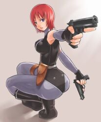 ass bodysuit boots breasts detached_sleeves dino_crisis dual_wielding female fingerless_gloves gloves gun handgun holding holding_gun holding_weapon large_breasts looking_back nagase_haruhito parted_lips photoshop_(medium) purple_eyes red_hair regina_(dino_crisis) short_hair skin_tight solo spandex trigger_discipline weapon